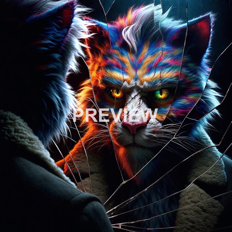 A digitally enhanced image of a fierce-looking tiger with multicolored fur and glowing eyes, seen through a shattered glass effect.